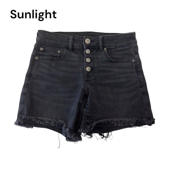 American Eagle Black Denim Mid Rise Distressed Shorts Women SZ 2 Button Fly - Picture 1 of 12